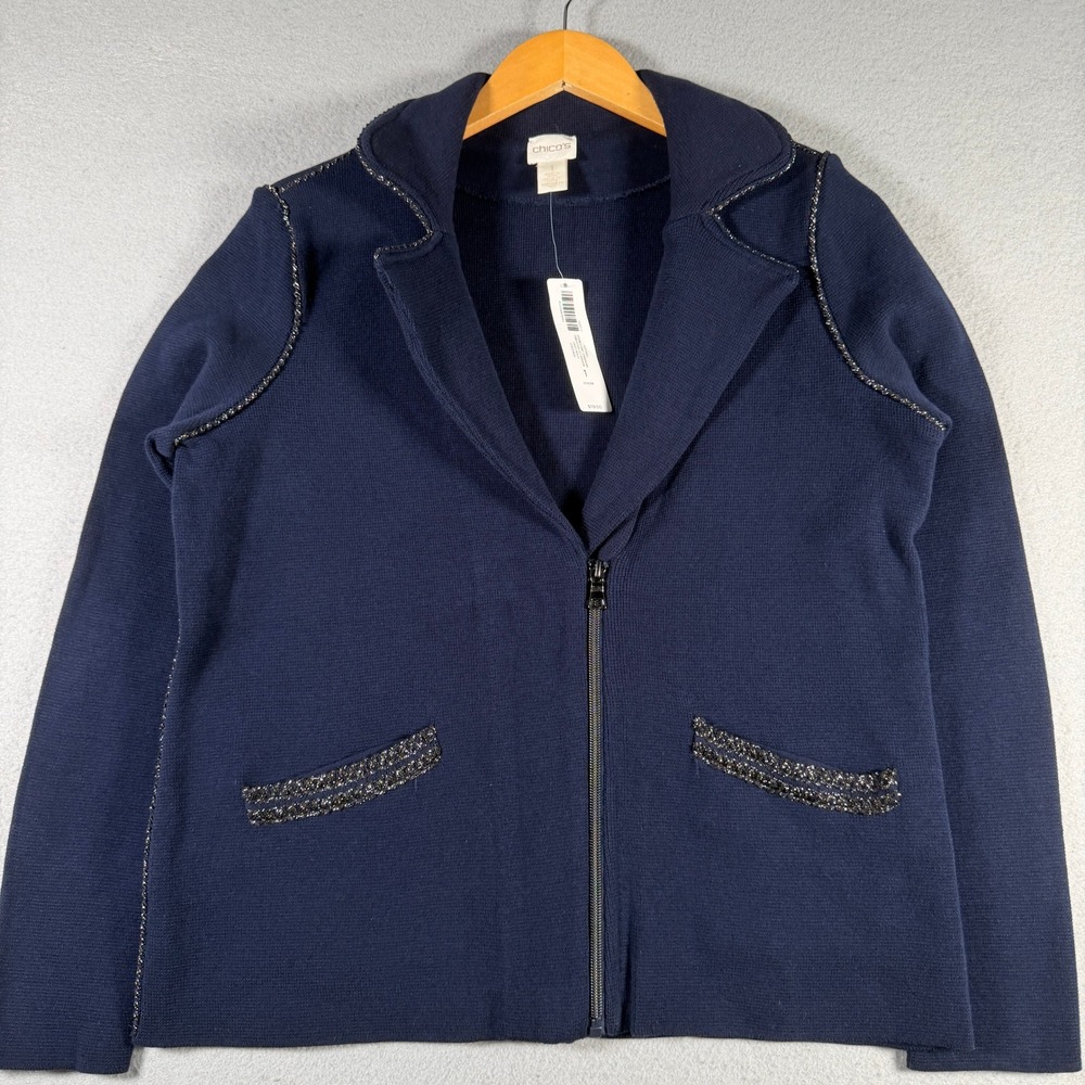 Chico's Double Knit Cardigan Sweater Navy Metallic Trim Zip Front Size 1 NWT